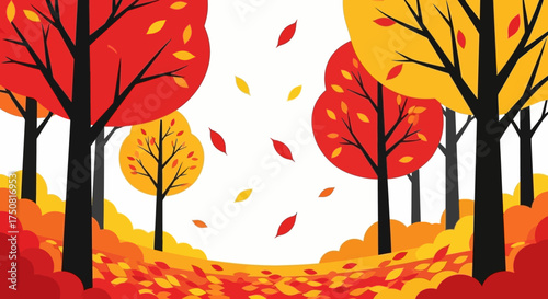 Enchanting autumn landscape featuring stylized trees and falling leaves artwork