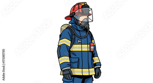 Detailed illustration of a firefighter in full protective gear standing isolated on a white