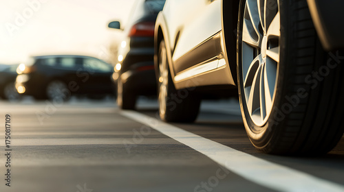 Cars parked neatly on a parking lot line. A row of cars are carefully positioned within designated parking spaces, creating an orderly scene.