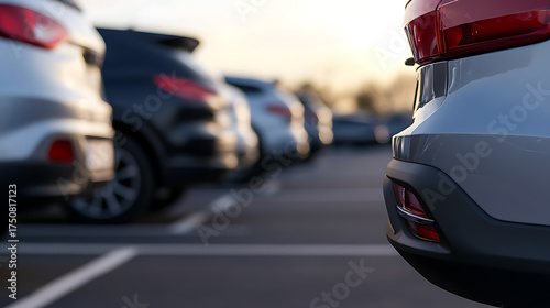 Wallpaper Mural Automobiles fill a parking lot, their rear lights and silhouettes merging into the soft sunset. A modern automotive lineup showcasing transport solutions. Torontodigital.ca