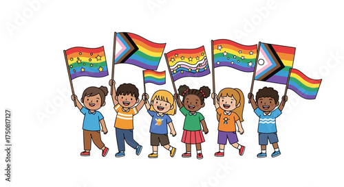 Diverse children parade joyfully waving an array of pride flags celebrating love and inclusion