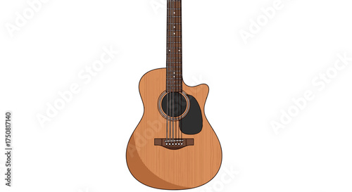 Acoustic guitar with a warm wooden finish and black pickguard.