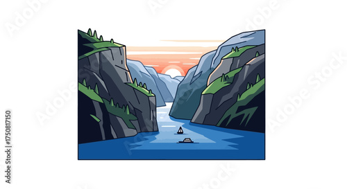 Serene waterscape between mountainous cliffs at sunset, featuring boats on the tranquil river for