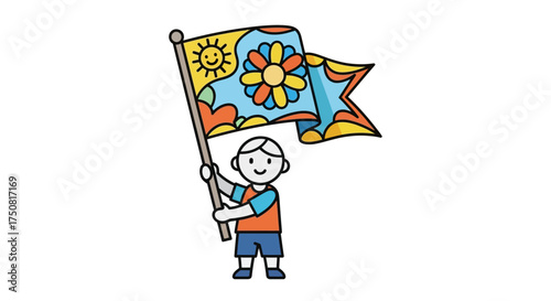 Cheerful child illustration waving a whimsical flag with sun and flower designs for joy