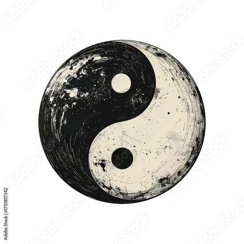 A circular Yin and Yang symbol with textured black and white halves, representing balance and duality.