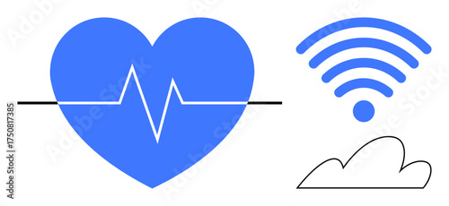 Blue heart with heartbeat line, wireless signal, and cloud icon symbolizing digital healthcare. Ideal for health technology, remote monitoring, cloud computing, telemedicine, connectivity