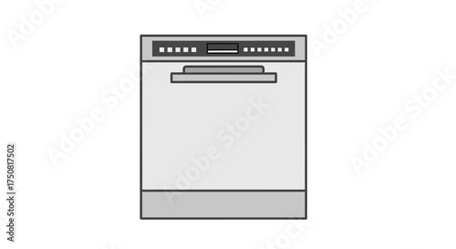 Minimalist depiction of a dishwasher appliance with digital control panel and sleek lines