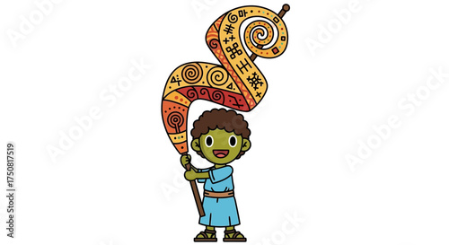 Whimsical cartoon character holding a vibrant ornamental tribal banner with ancient symbols and
