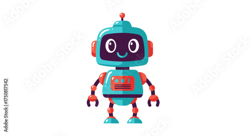 Whimsical vector illustration featuring a charming and approachable turquoise robot character