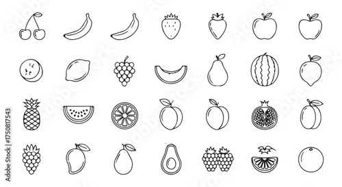 Collection of various fruit icons isolated on transparent background