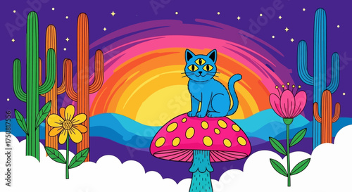 Psychedelic desert scene with a three-eyed cat on a mushroom and colorful cactus landscape