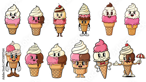 Retro ice cream characters bring vintage charm and sweetness to your designs, perfect for summer promotions and playful branding with these cartoon treats