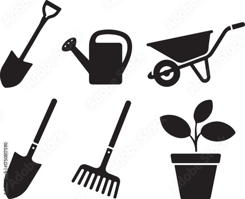 Gardening tools icons: shovel, rake, watering can, wheelbarrow, plant