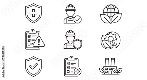 Collection of safety, health, and environmental icons isolated on transparent background