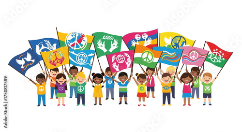 Children united with vibrant peace flags showcasing harmony and global understanding for a