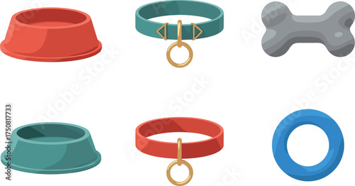 Pet Accessories Including Bowls Collars and Bone With White Background Keywords: pet, dog, cat