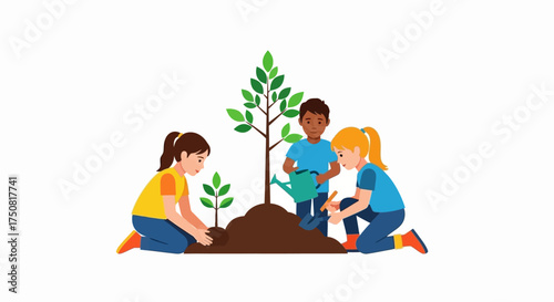 Illustrative depiction of young children participating in a community tree planting activity
