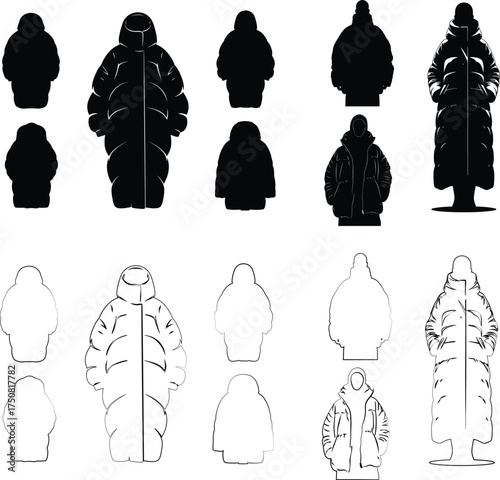 Vector art of puffer coats silhouettes displaying different lengths and styles, ideal for winter fashion inspiration and design projects silhouette