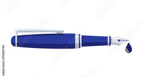 Stylized blue fountain pen with ink drop, minimalist design for creative concepts and stationery