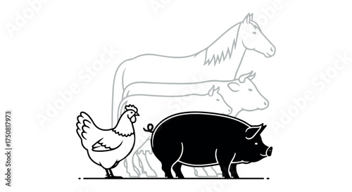 Farm animals including chicken, pig, cow, and horse isolated on transparent background