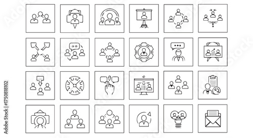 Set of business meeting and collaboration icons isolated on transparent background