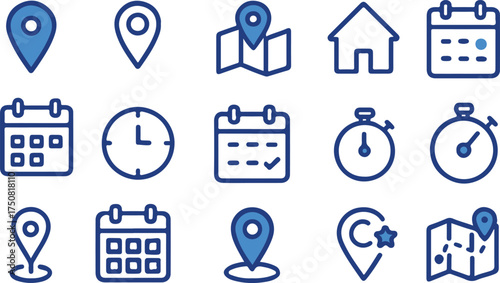 Collection of blue location calendar clock and map icons on white background location pin map marker