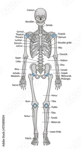 Anatomical illustration of the human skeleton with labels.