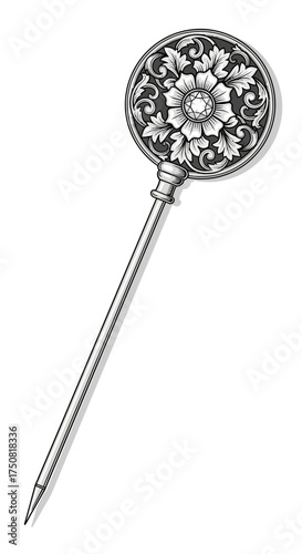 Antique Silver Hat Pin with Floral Design.