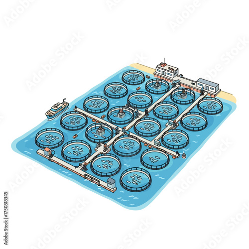 Aquaculture Farm with Circular Fish Tanks and Buildings.