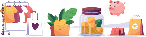 Shopping and Saving Icons With Clothes Piggy Bank and Bags Keywords: shopping, saving, money