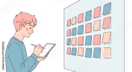 Young man with pink hair using a tablet and stylus, looking at a wall with sticky notes, isolated on transparent background