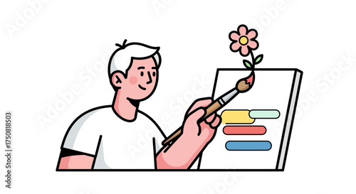 Artist painting a flower on a canvas with colorful bars.
