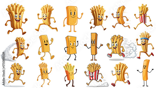 Cartoon french fries characters running and smiling, perfect for fun food campaigns, kids' menus, and playful branding, a delightful fast food concept