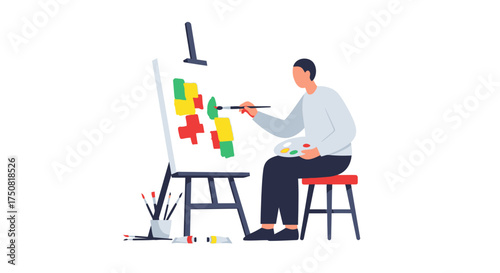 Artist painting on canvas with colorful abstract shapes.