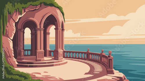 A stone gazebo with arches and a balustrade overlooking the ocean under a cloudy sky at sunset time