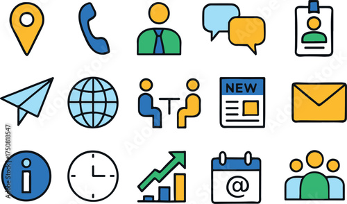 Collection of Business and Communication Icons on White Background location phone