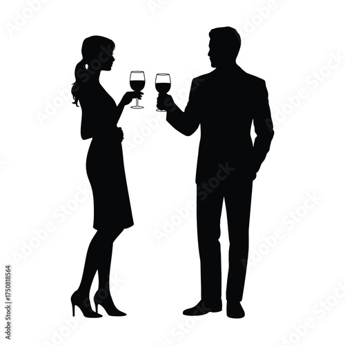 Silhouette of a man and woman toasting with wine glasses at a formal event