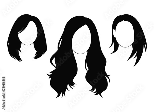Three silhouettes of different women s hairstyles in black and white
