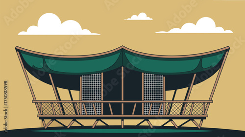 Illustration of a stilt house with a green roof and lattice windows under a cloudy beige sky view