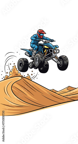 ATV Rider Jumps Over Sand Dune in Desert Landscape.