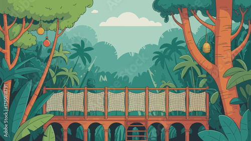 A whimsical jungle scene featuring a wooden bridge and lush tropical foliage with hanging decorations
