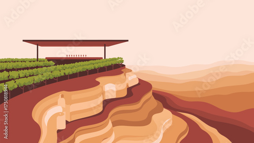 Illustration of a vineyard on a cliff with a building and a desert landscape in the background