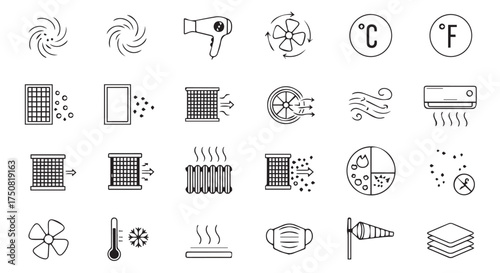 Air conditioning and climate control icons isolated on transparent background