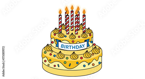 Birthday cake with lit candles and decorations.