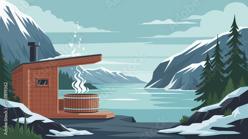 Illustration of a sauna and hot tub near a lake surrounded by mountains and evergreen trees in winter
