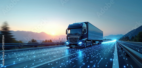 Dark semi truck drives on highway at sunset with digital data streams. Advanced logistics network connects cities and mountains. Future transport for cargo delivery.