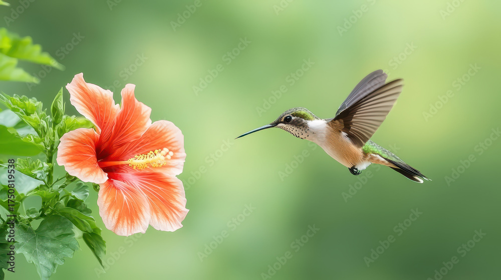 Naklejka premium Hummingbird hovering near vibrant hibiscus flower, showcasing beauty of nature and delicate interaction between wildlife and flora