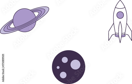 Space themed icons including Saturn, a rocket, and a moon on white Keywords: space, planet