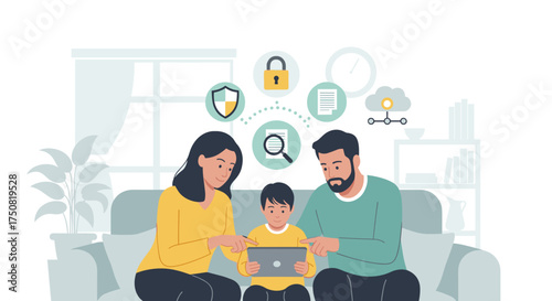 Family using tablet with security and cloud icons above them