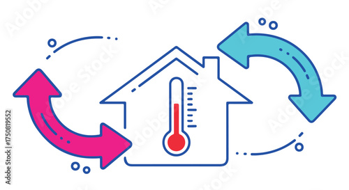 House with thermometer and circular arrows indicating temperature control, isolated on transparent background